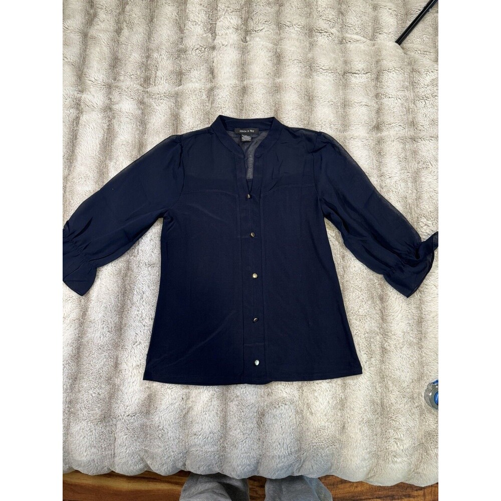 Adele & May navy blouse with sheer shoulders casual office Size Small - Picture 2 of 14